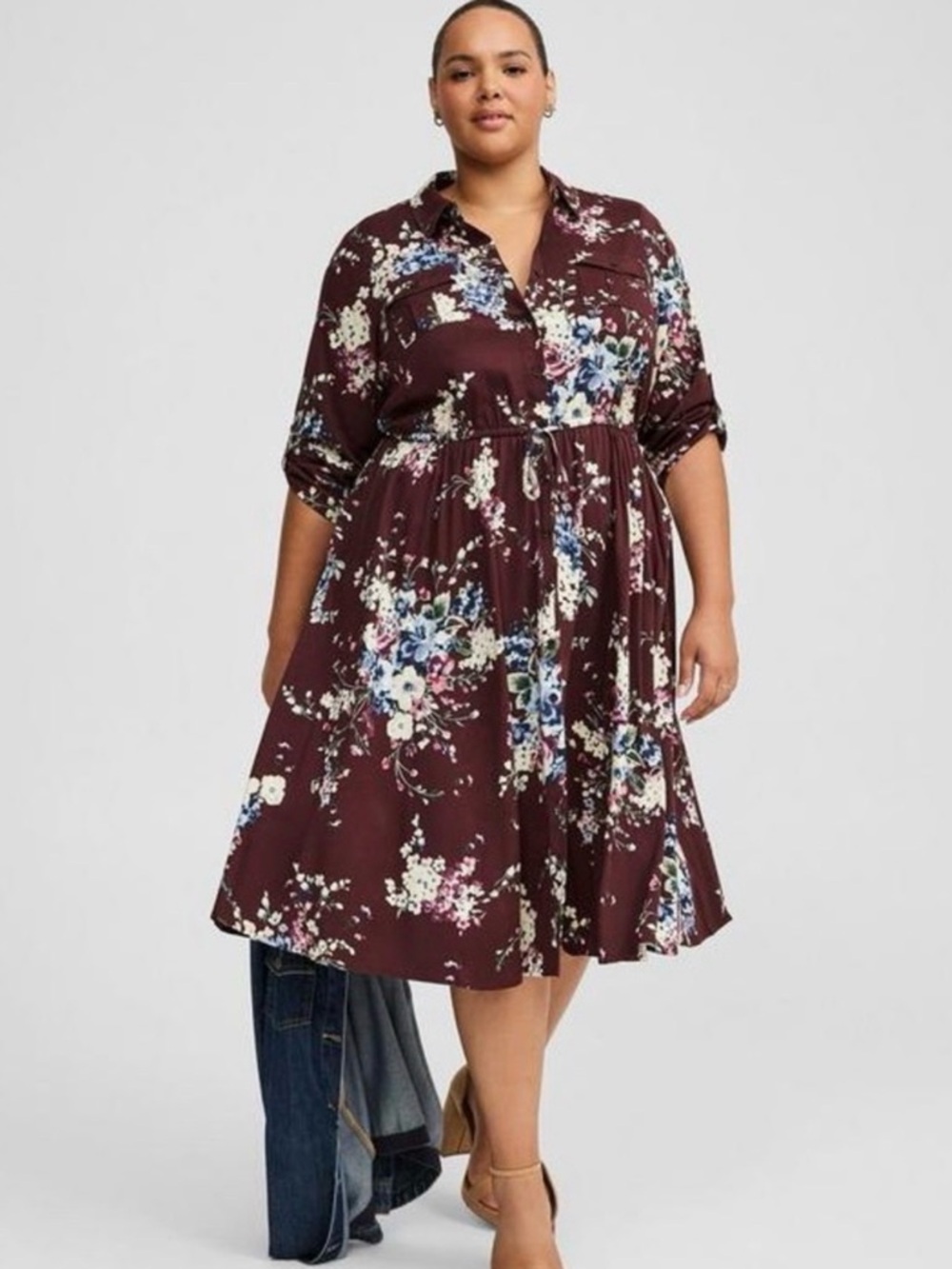 Torrid Burgundy Floral Midi Shirt Dress NWOT sz 1X